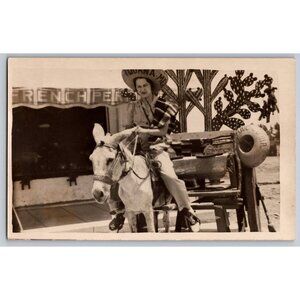 Vintage Black & White Postcard Woman On Donkey Wearing Sombrero  #1681